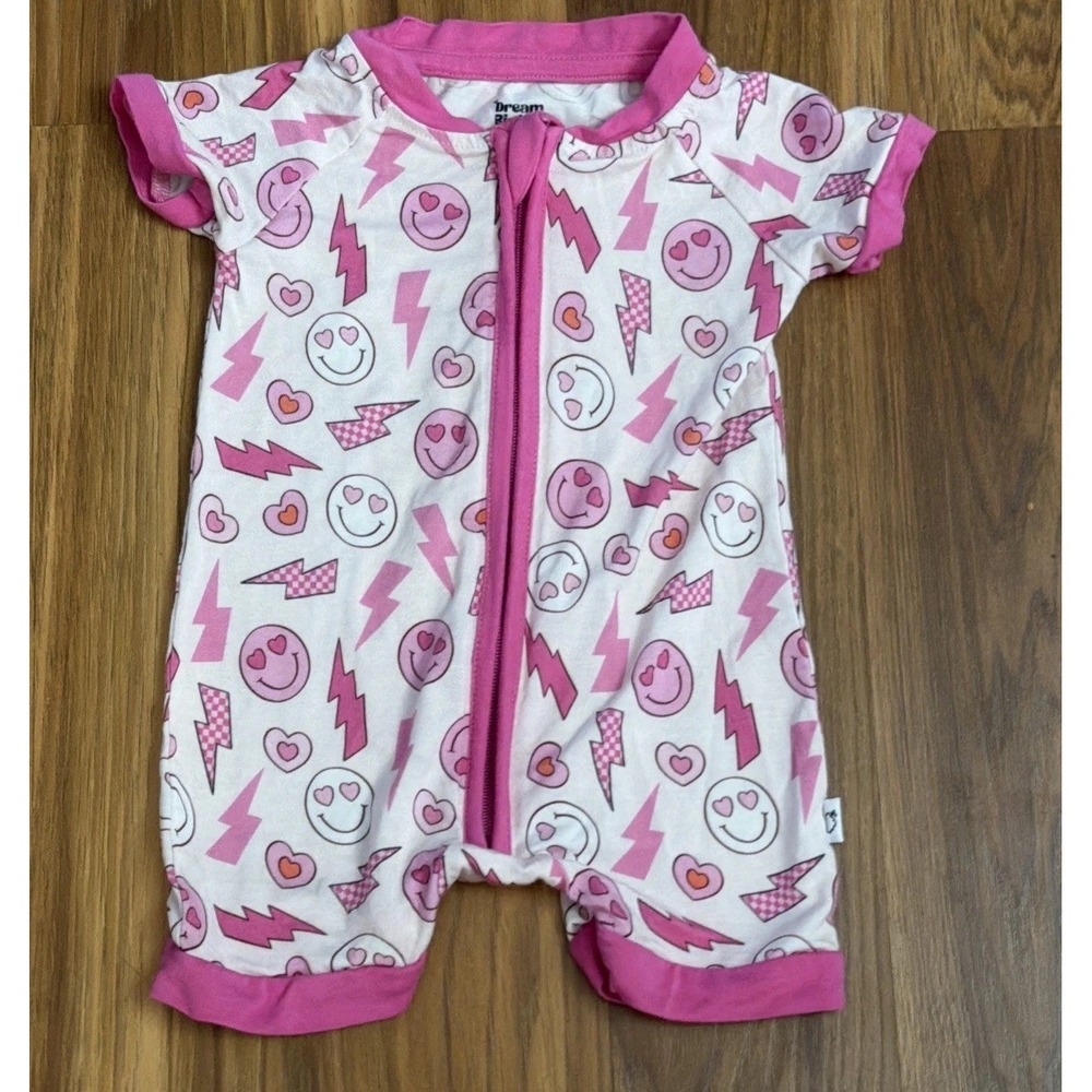 Dream Big Little Baby Girls 0-3 Bamboo Romper Outfit Smiley Lightening Pink EUC